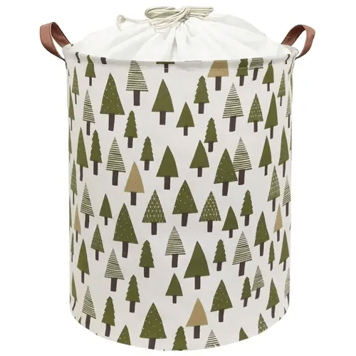 Nursery Laundry Basket Canvas Fabric Baby Boy Storage Bins,Collapsible Woodland Hamper,Waterproof Storage Baskets with Leather Handle,Forest Nursery Decor,Toy Organizer (Tree)