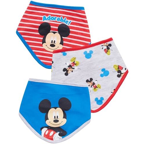 Disney Baby Unisex Mickey Mouse Bandana Bib 3-Pack - Mickey Mouse Baby Bibs (Blue/Red/Grey, 0-12M)