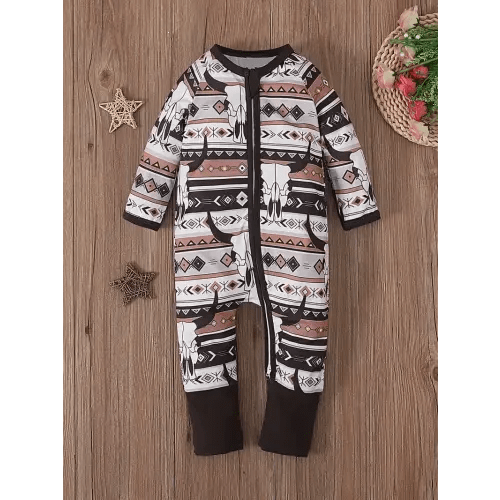 Toddler's Cartoon Bull Skull Print Zip Up Bodysuit, Comfy Long Sleeve Onesie, Baby Boy's Clothing