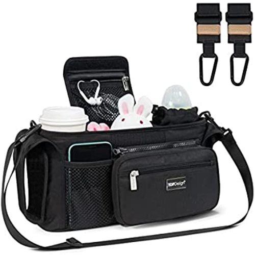TOPDesign Universal Baby Stroller Organizer, Stroller Caddy with Heightened Insulated Cup Holders & Non-Slip Secure Hooks Accessories, Fits Most Strollers, Machine Washable (Black)