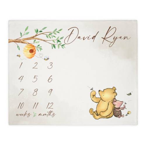 Classic Winnie Bear Milestone Blanket Boy, First Year Calendar Monthly Growth Mat, Personalized Pooh Name Month Blanket, Baby Shower Gift