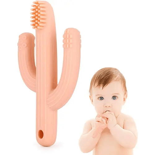 Cactus Teether, Baby Teething Toys for Babies 0-6 Months 6-12 Months, Self-Soothing Pain Relief Soft Baby Toothbrush for Babies, Toddlers, Infants, Boy and Girl, Natural Organic BPA Free(Peachy)