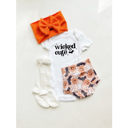 Halloween Bummies and Bow Set, Fall Girl Halloween Outfit, Wicked Cute Baby Bloomers and Bodysuit, High Waisted Shorts, Toddler Halloween St