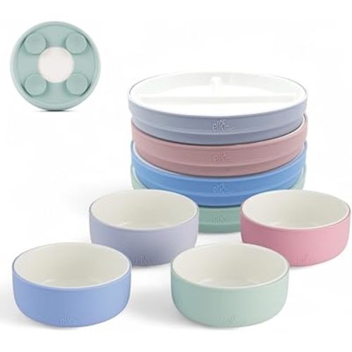 Elk and Friends Kids Porcelain Mealtime Bundle | Suction Sleeves | 6.7" Plates & Bowls | 8 Pcs | Microwave & Dishwasher Safe