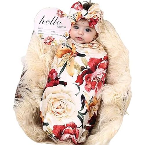 Galabloomer Receiving Blanket Headband Set Flower Print Baby Swaddle Blankets