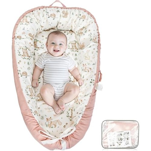 Baby Lounger - Babies Nest for Newborn, Breathable & Soft Organic Cotton Lounger, Portable Baby Lounger for Home & Travel, Ideal Newborn Essentials, Pink Bear