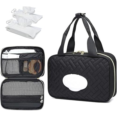 Diaper Bag Organizer with 2 Pieces Wipes Dispensers, Portable Stroller Mini Diaper Bag Pouches Travel Gear, Foldable Newborn Baby Essentials, Small Clutch, Black