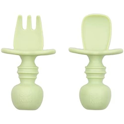 Bumkins Utensils, Silicone Chewtensils, Baby Fork and Spoon Set, Training Utensils, Baby Led Weaning Stage 1 for Ages 6 Months+ in Sage