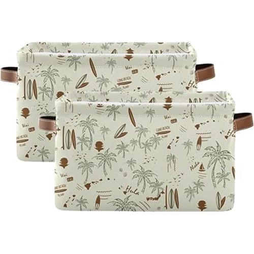 Aslsiy Toy Storage Basket Hawaii Palm Surf Nursery Bins Brown Baby Toys Box Canvas Clothes Shelf Basket Laundry Hamper Gift Baskets for Home Closet 2 Pcs