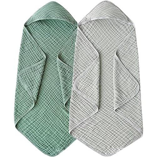 2 Pack Hooded Baby Towels for Newborn, 100% Muslin Cotton Baby Bath Towel with Hood for Babies, Infant, Toddler, 32x32Inch, Soft and Absorbent Newborn Essential (Grey and Green)