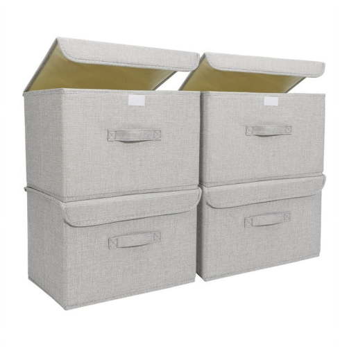 Luiisis 4 Pcs Fabric Storage Organizer, 10 x 9 x 15 Inch Collapsible Linen Fabric Storage Box with Handle, Large Suit Clothes Blanket Box with Lid for Home, Office, Closet