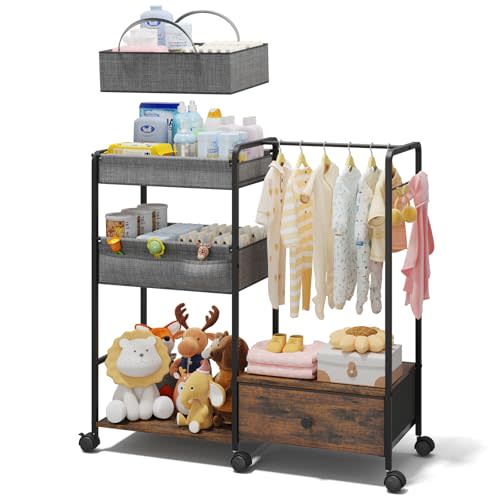 BBLIKE 3in1 Diaper Caddy Organizer - Diaper Caddy & Rolling Diaper Cart with Kids Clothing Rack for Nursery and Baby Essentials, Multi-Function Utility Cart for Bedroom and Bathroom, Black&Brown