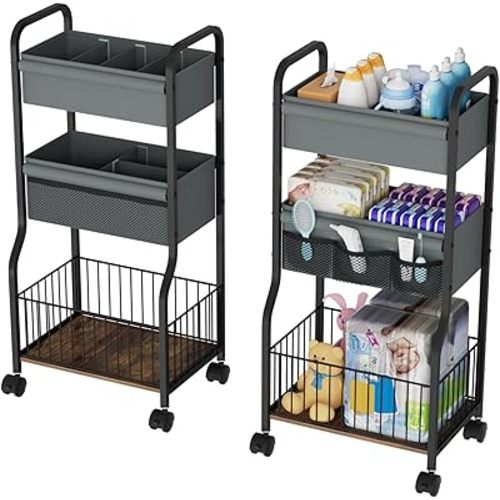 3-tier Baby Diaper Caddy Organizer and Storage Cart with 4+3 Dividers, Metal Utility Cart with Lockable Wheels for Nursery, Bedroom, Bathroom, Black