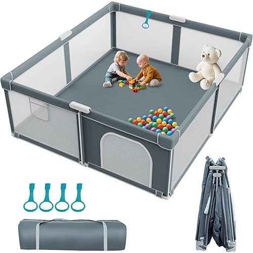Foldable Baby Playpen - 71"×79" Collapsible Play Pen for Babies and Toddlers - Indoor Outdoor Travel Playpen - Stable with Mesh View Portable Play Yard - Folding Play Pen with 4 Handles and Carry Bag