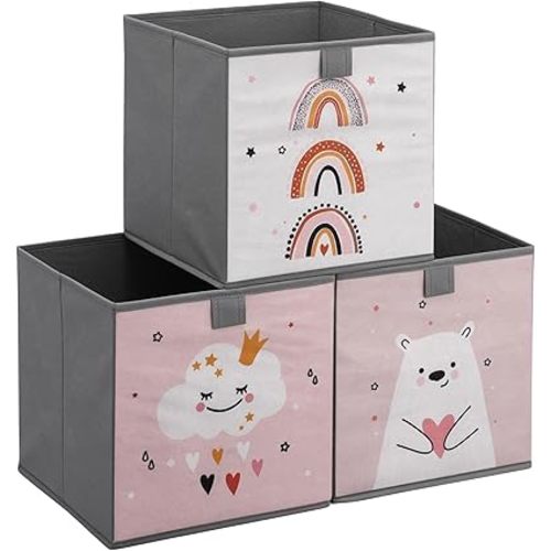 Navaris Kids Storage Cubes Set of 3 - Kids Cube Fabric Organizer Storage Bins - Foldable Cloth Cube for Childrens Bedroom Baby Nursery - Book Toy Bin Cubby Storage - Pink/White