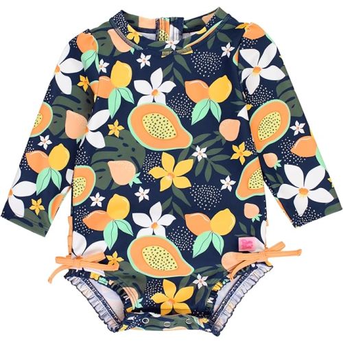 RuffleButts® Girls UPF 50+ Sun Protection Long Sleeve One Piece Swimsuit with Zipper - 3-6 Months - Into the Tropics