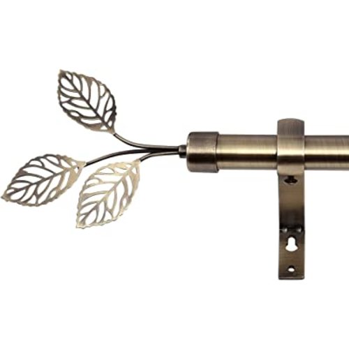 RYB HOME Brass Curtain Rod 1 Inch Diameter with Vivid Leaf Finials Telescoping Single Rod for Kitchen Living Room Bedroom Window Adjustable Length from 48 to 86 Inch, Antique Brass