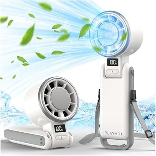 Upgraded Portable Handheld Fan with 60°F Ice Cooling, Up tp 12Hrs Personal Fans Portable Rechargeable, 5 Speed 25550RPM Powerful Portables Fan Handheld, Hand/Neck/Desk Fan 3 IN 1(White)
