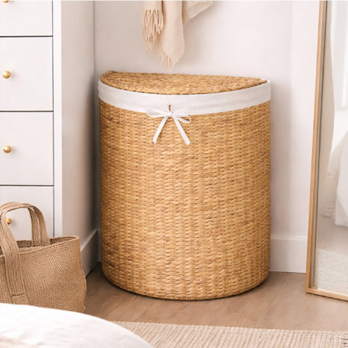 Half Moon Laundry Hamper W/ Lid, Half Round Laundry Basket, W/ Removable Liner & Handles - Chestnut | Wayfair
