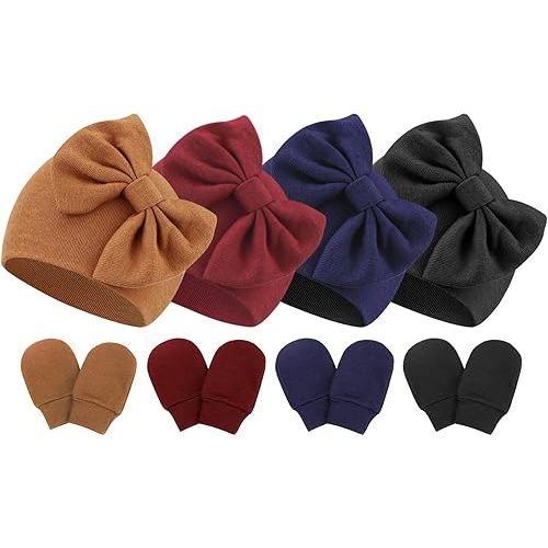 BQUBO Newborn Baby Hats Mittens Set Hospital Hat Beanie Infant Bow Hats Baby Gloves No Scratch Mittens for 0-6 Months
