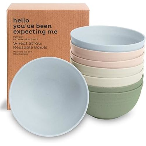 Nook Theory Reusable Wheat Straw Bowls 8 Pcs - 26 Oz Cereal Bowl, Non-Toxic Kids and Toddler Bowl, Microwavable, Dishwasher Safe and Unbreakable Dinnerware (Softhues)
