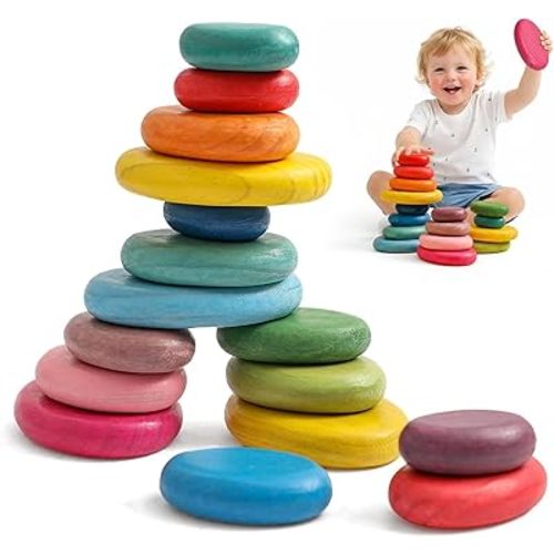 EERKEOD Extra-Large Stacking Rocks for Toddlers 1-3, 16 PCS Wooden Montessori Toys, Safe Smooth Jumbo Balancing Stones for Open-Ended Sensory Play, STEM Building Blocks for Boys & Girls