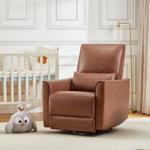 Swivel Rocking Recliner Chair, Glider Rocking Chair, Manual Upholstered Faux Leather Recliner with Lumbar Support, Nursery Rocking Recliner