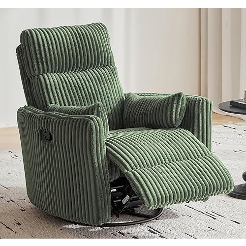 LINSY 360 Swivel Recliner Chair - Corduroy Nursery Glider Rocking Chair with 2 Pillows, Comfy High Back Adult Recliner for Small Spaces, Nursery Bedroom Living Room Reclining (Green)