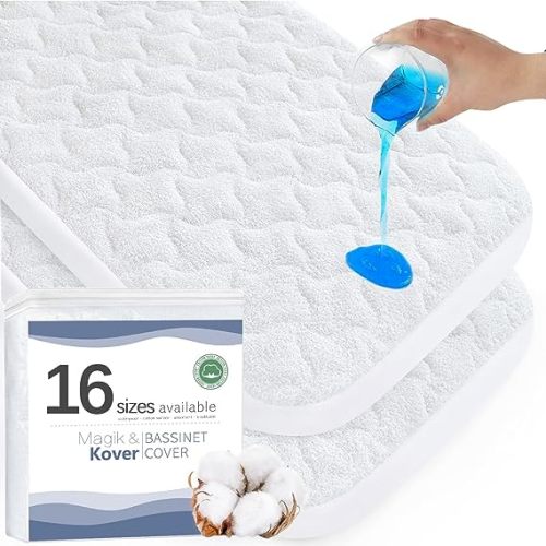 Bassinet Mattress Pad Cover 30" x 18" - Fits for Halo BassiNest Swivel, Glide, Flex, Luxe & Premiere Series Sleeper, Waterproof Quilted Bassinet Mattress Protector 2 Pack, Cotton Terry Surface