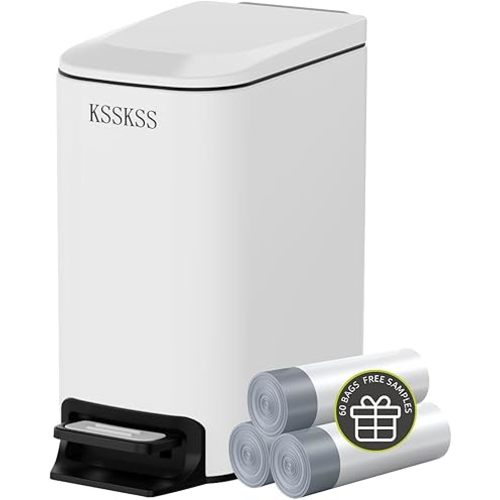 Small Bathroom Trash Can with Soft Close Lid, 6 Liter / 1.6 Gallon Stainless Steel Garbage Can with Removable Inner Bucket, Step Pedal, Slim Wastebasket for Bedroom, Home Office (White)