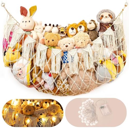Boho Stuffed Animal Hammock, Falt Wall or Corner Hanging, White, XL | LED Lights, XLarge Wall Hanging Plushie Net, Corner Toy Organizer, For Kids Bedroom, Nursery, Playroom & Dorm