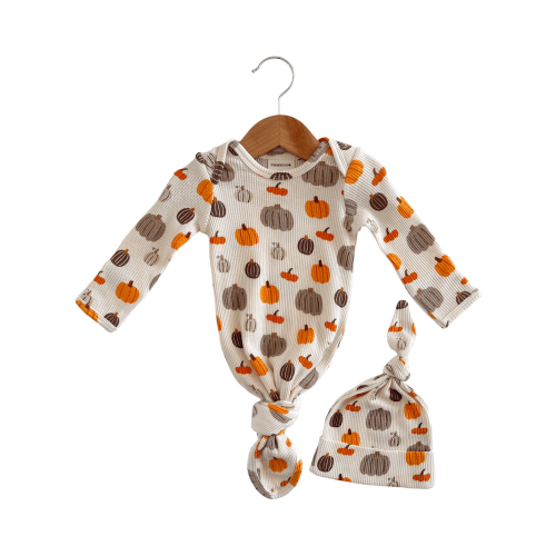 Organic Waffle Knotted Gown & Hat Set, Harvest Pumpkin