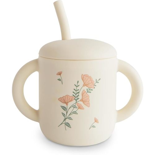 mushie 100% Silicone Training Cup & Straw for Toddlers | 6 Months+ (Pink Flowers)