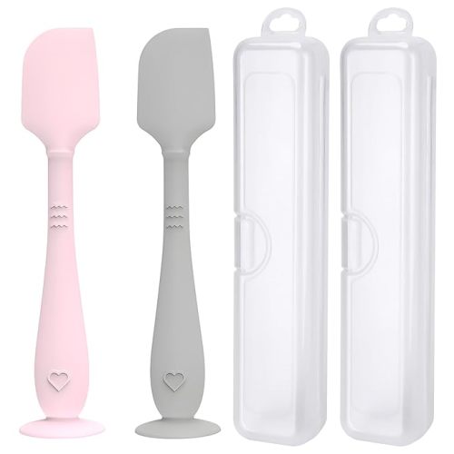 2 Pack Diaper Cream Spatula with Hygienic Travel Case, Butt Spatula Baby with Suction Base, Baby Butt Paste Spatula, Soft Silicone Diaper Rash Cream Applicator Large Size (Pink & Gray)