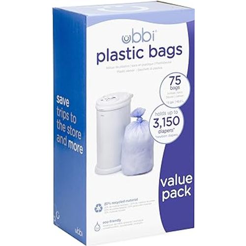 Ubbi Diaper Pail Plastic Bags, Disposable Baby Waste Bags, 3 Pack, 75 Count, 13-Gallon Bags