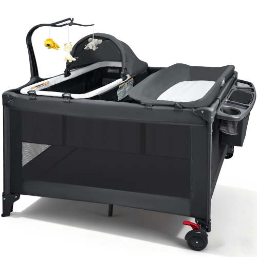 RUPOUN Baby Playards, Foldable Nursery Center Playpen and Toy Mobile, Portable Travel Bassinet, Locking Wheels, Gray