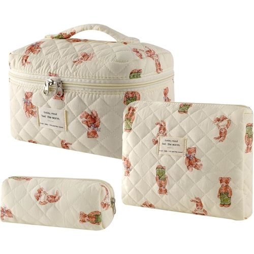 RSRSLEII 3Pcs Large Quilted Makeup Bag for Women and Girls, Cute Coquette Floral Cotton Cosmetic Bag, Aesthetic Travel Organized Toiletry Bags (3pcs Bear)