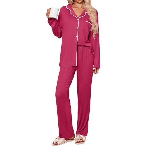 Ekouaer Womens Pajama Sets 2 Piece Long Sleeve Sleepwear Soft Button Down Pjs Lounge Set S-XXL