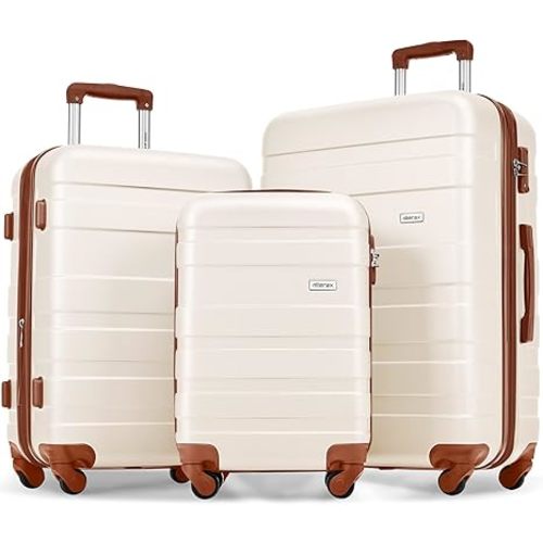 Merax 3 Pcs ABS Hardside Luggage Sets TSA Lock Spinner Wheel Suitcases, Pearly White, 20/24/28 Inch