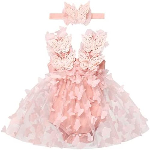 Newborn Baby Girl 1st Birthday Outfit Lace Tulle Romper Dress with Floral Headband Cake Smash Photo Props