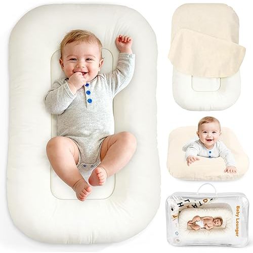 Baby Lounger & Snuggle Nest for Newborn 0-24 Months, Baby Nest Supervised Breathable Cotton for Newborn, Breathable Portable Infant Lounnger for Travel and Home, White (Lounger Cover Included