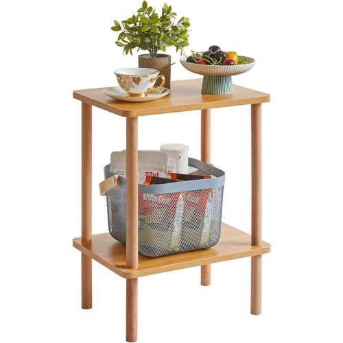 IBUYKE 2-Tier Side Table, Solid Wood Tall End Table with Storage Shelves, Nightstand Bedside Table for Living Room Bedroom Office, No-Tool Assembly, Natural UWST002N
