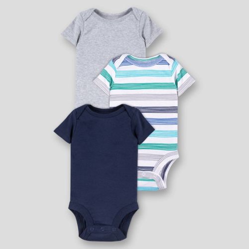 Lamaze Baby Boys' Organic Cotton 3pk Striped and Solid Short Sleeve Bodysuit - Blue