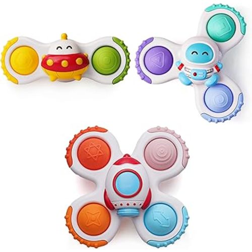 LiKee Strong Suction Cup Fidget Spinnerz Sensory Bath Toys for Baby 12 18 Months Airplane Car Travel Table & Window Toys for 1 2 Year Old Toddler Boys and Girls (Space-1)