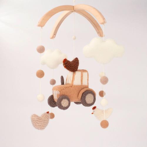 Boho Barnyard Baby Mobile – Beige Farm Nursery Mobile with Tractor, Chickens, Clouds – Gender neutral baby shower gift - Handmade in UK