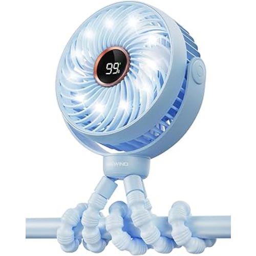 Stroller Fan, LED Light Portable Fan, 3600mAh Battery Operated Small Clip on Fan, 4 Speed Rechargeable Mini Personal Fan Cooling Travel Fan For Car Seat Crib Treadmill (Blue)