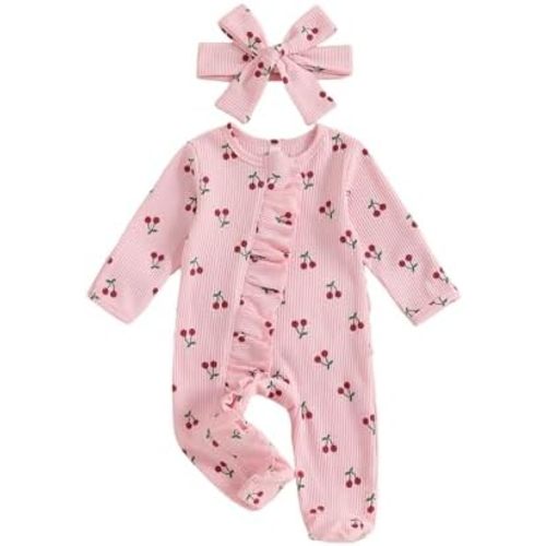 Infant Baby Girl Fall Outfit Sweatshirt Romper Footies Cherry Print Ruffle Trim Jumpsuit Zip Up Onesie Newborn Winter Clothes