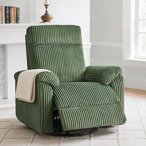 Swivel Rocker Recliner for Adults, Corduroy 360 Degree Swivel Glider Recliner Manual 3-Position Adjustable Easy Assembly for Small Space Living Room Nursery Bedroom
