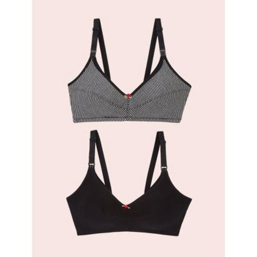Leading Lady The Uma - Cotton Wirefree Nursing Bra 2-Pack in Black & Grey Stripe w/ Black 2PK, Size: 36B.