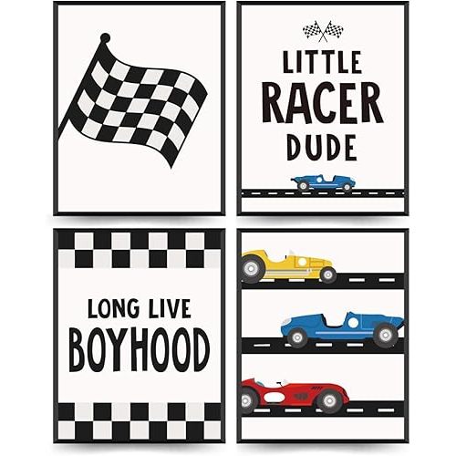 ETVISO Boy Room Decor Set of 4, Race Car Room Decor for Boys, Little Racer Dude Wall Art Prints for Kids Room Nursery Home Decorations, Long Live Boyhood, 8x10 (Unframed)